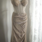 Champagne-colored halter-neck fishtail top, fitted long ball gown R6752
