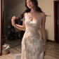 Light apricot halter-neck lace pattern fitted waist sexy long ball gown R7551