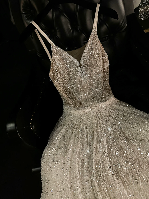 Light apricot sequined halter-neck fitted long ball gown/bridal dress R8818