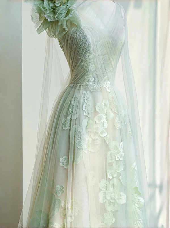 Light green one-shoulder three-dimensional flower waist slim long skirt, prom dress R5677