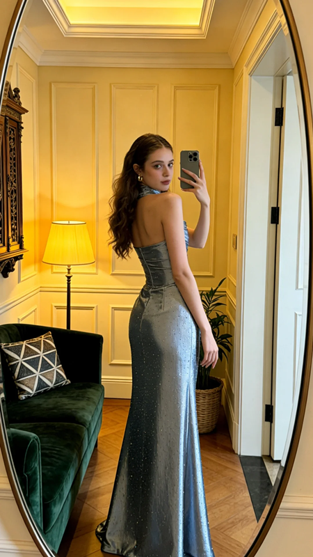 Gray-blue strapless fitted satin long ball gown R8574