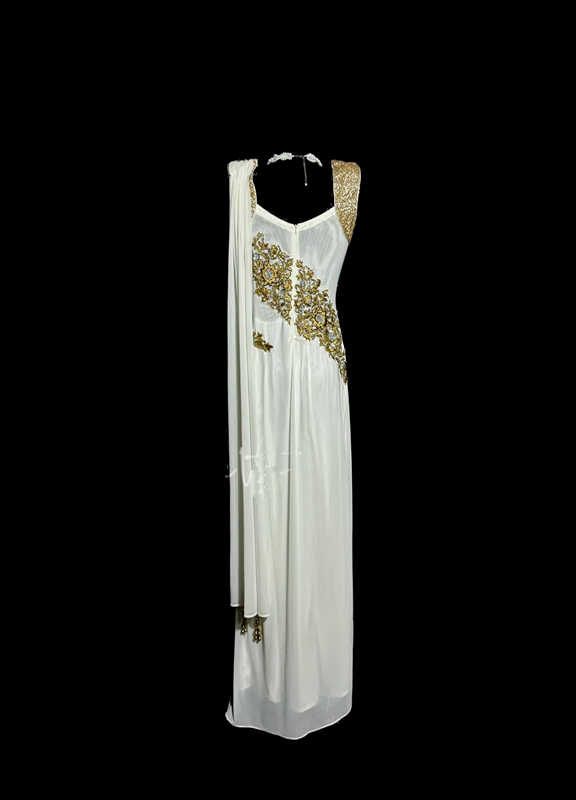 White sleeveless fitted waist embroidered long ball gown R6672