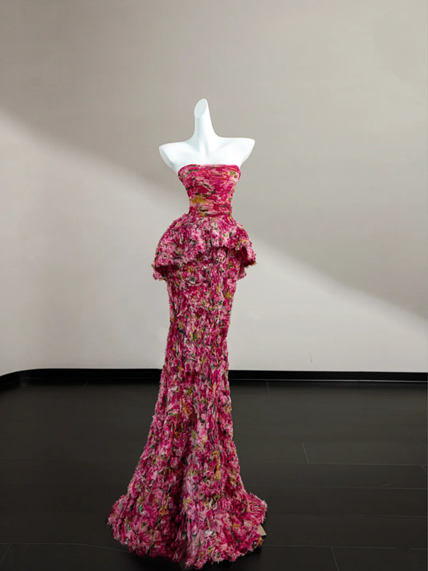 Pink floral tube top sexy long skirt with waist, prom dress R5641