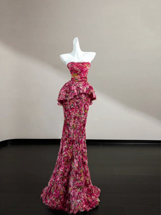 Pink floral tube top sexy long skirt with waist, prom dress R5641