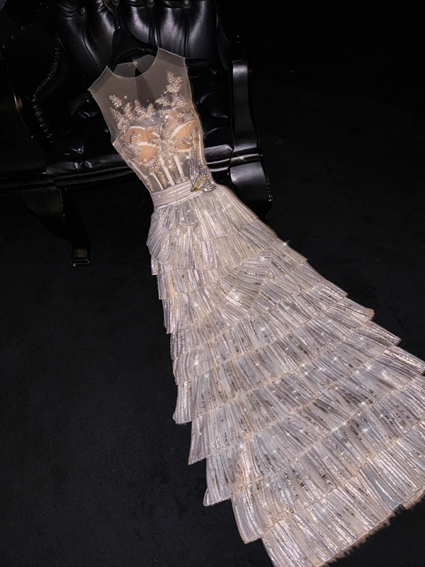 Light apricot sleeveless fitted bodice with a silver tiered skirt, long ball gown/bridal dress R8758