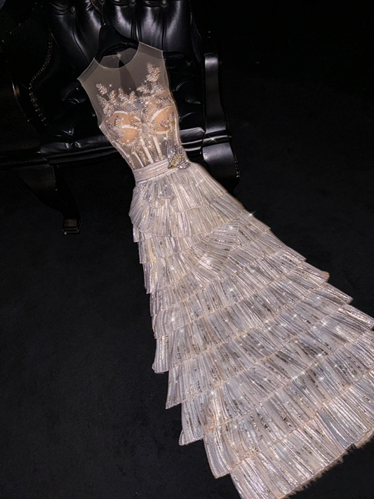 Light apricot sleeveless fitted bodice with a silver tiered skirt, long ball gown/bridal dress R8758