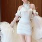 White halter neck three-dimensional flower waist slim pleated hip-wrapped tulle skirt homecoming dress R4209