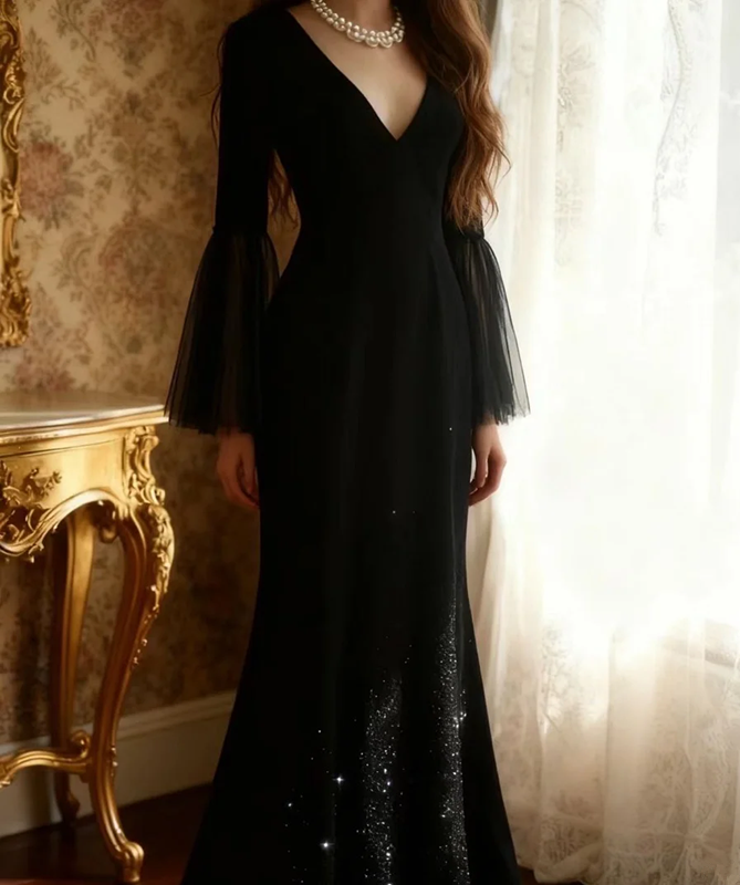Black V-neck long-sleeved elegant slim-fitting long ball gown R6712