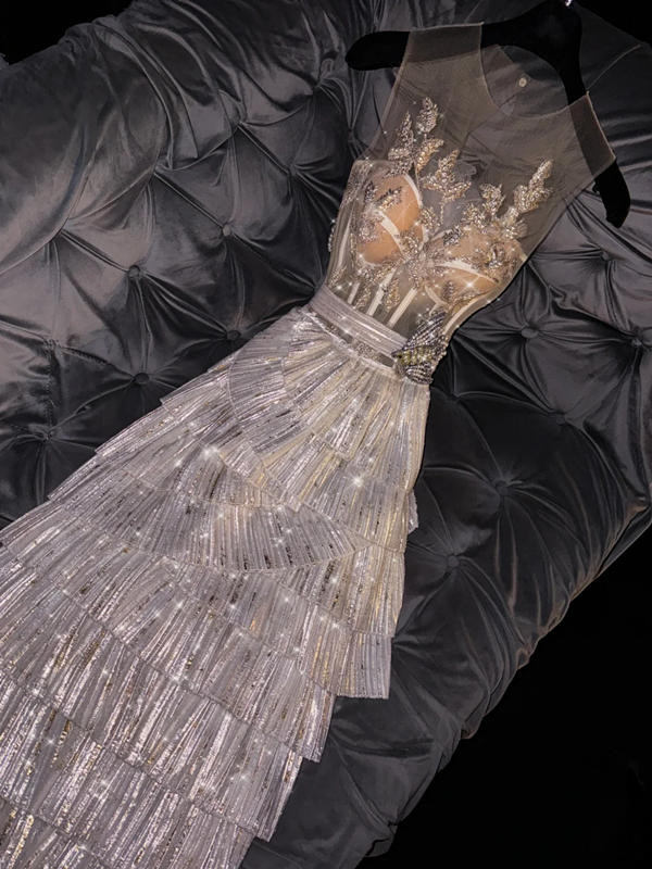 Light apricot sleeveless fitted bodice with a silver tiered skirt, long ball gown/bridal dress R8758