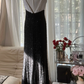 Black and white color-blocked fitted waist slim sexy backless long ball gown R7746
