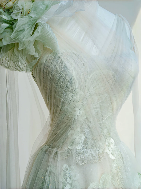 Light green one-shoulder three-dimensional flower waist slim long skirt, prom dress R5677