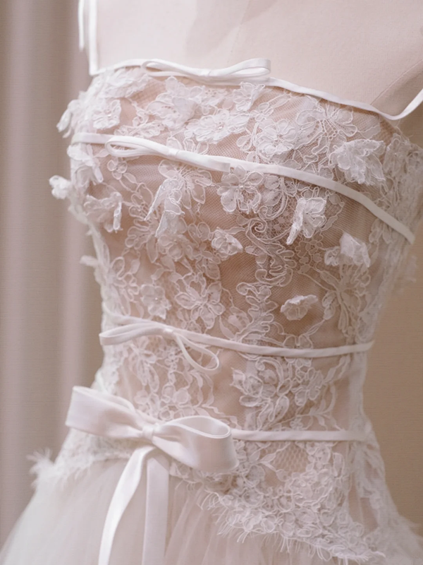 White Strapless Lace Waist Slim A-Line Long Dress Bridal Gown R5718