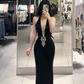 Black halter neck, fitted waist, bodycon, sexy fishtail skirt, long ball gown R7898