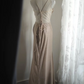 Champagne-colored halter-neck fishtail top, fitted long ball gown R6752