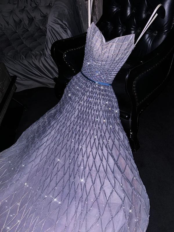 Light gray-blue halter-neck fitted long ball gown, bridal dress R8788