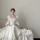 Pearl white square-neck waist-cinched slim-fit elegant vintage long prom gown, wedding dress R8017