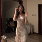 Light apricot halter-neck lace pattern fitted waist sexy long ball gown R7551