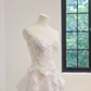 White strapless, fitted waist, lace floral sexy long ball gown, bridal dress R8483