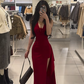 Red halter-neck, fitted waist, and slit long ball gown - sexy and charming R7778