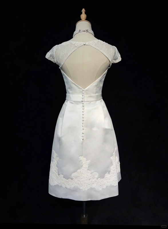 White satin waist slim A-line short skirt homecoming dress R4980