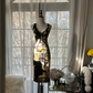 Black halter top with gold floral print, fitted waist, classic and elegant long ball gown R7707