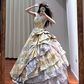 Light yellow strapless, fitted waist, full skirt, long ball gown R8635