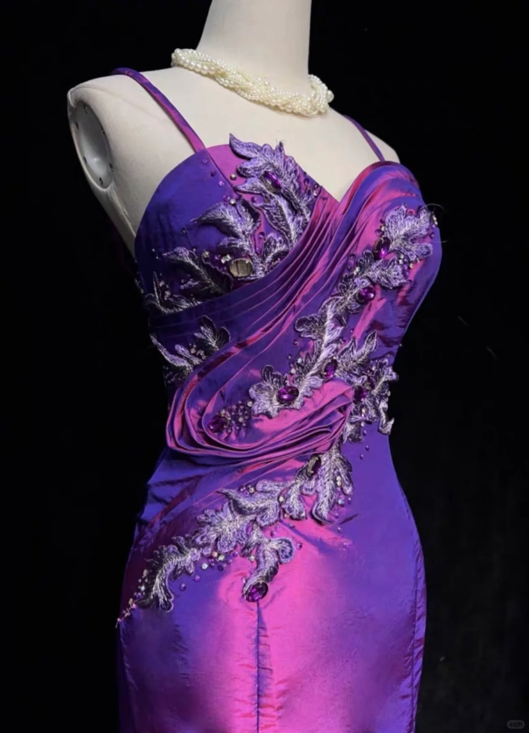 Purple suspender design pleated embroidery waist mid-length fishtail skirt skirt homecoming dress R4939