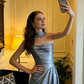 Gray-blue strapless fitted satin long ball gown R8574