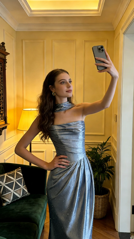 Gray-blue strapless fitted satin long ball gown R8574