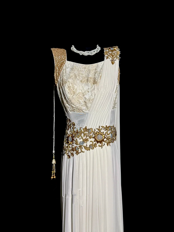 White sleeveless fitted waist embroidered long ball gown R6672