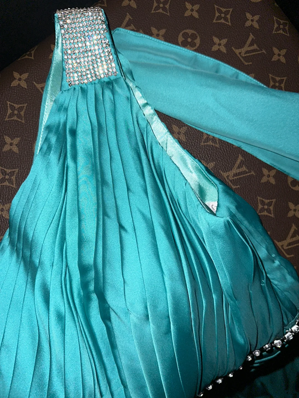 Lake blue, off-shoulder, pleated, fitted, elegant long ball gown R6911