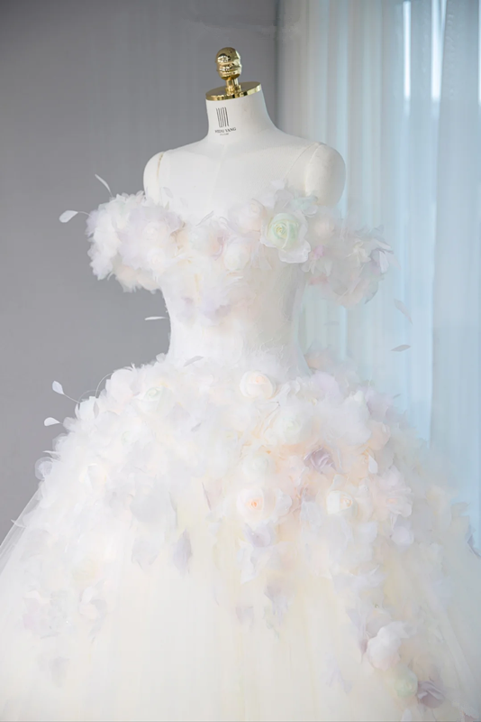 White off-the-shoulder, fitted waist, full skirt, long ball gown, bridal dress R9028
