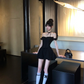 Black suspenders slim waist A-line cute short skirt homecoming dress R5061