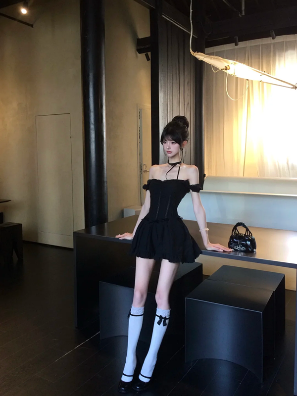 Black suspenders slim waist A-line cute short skirt homecoming dress R5061