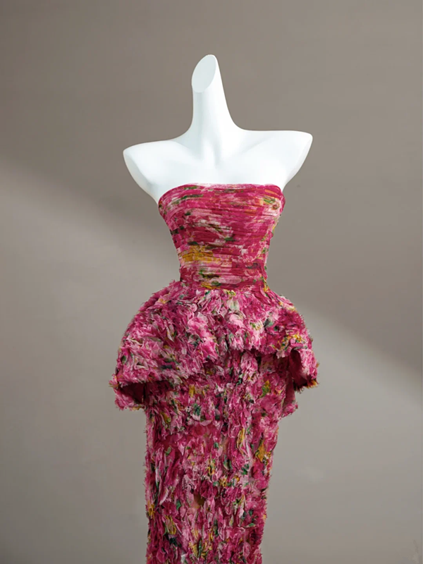 Pink floral tube top sexy long skirt with waist, prom dress R5641