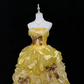 Gold strapless, fitted waist, full skirt, long ball gown R9058