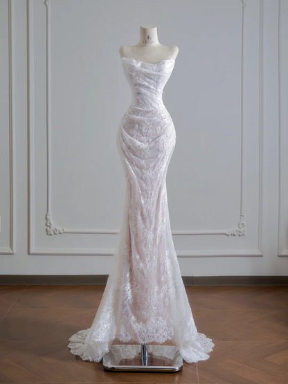 White strapless, fitted waist, lace fishtail skirt, sexy ball gown, bridal dress R8138