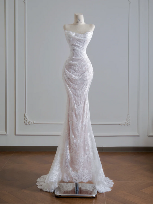 White strapless, fitted waist, lace fishtail skirt, sexy ball gown, bridal dress R8138