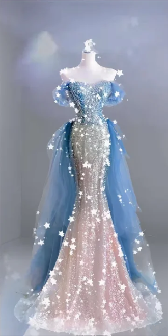 Light Blue Off-the-Shoulder Fitted-Waist Slim-Fit Mermaid-Length Prom Dress R6512