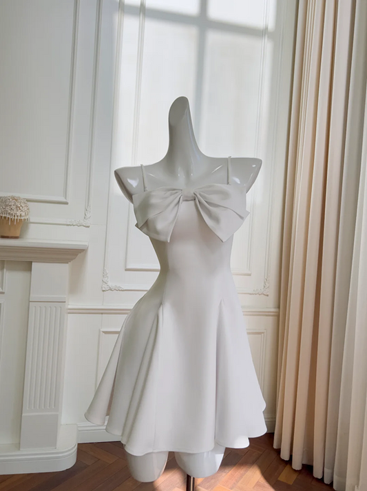White halter bow neckline waist slim A-line short skirt homecoming dress R5021