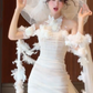 White halter neck three-dimensional flower waist slim pleated hip-wrapped tulle skirt homecoming dress R4209