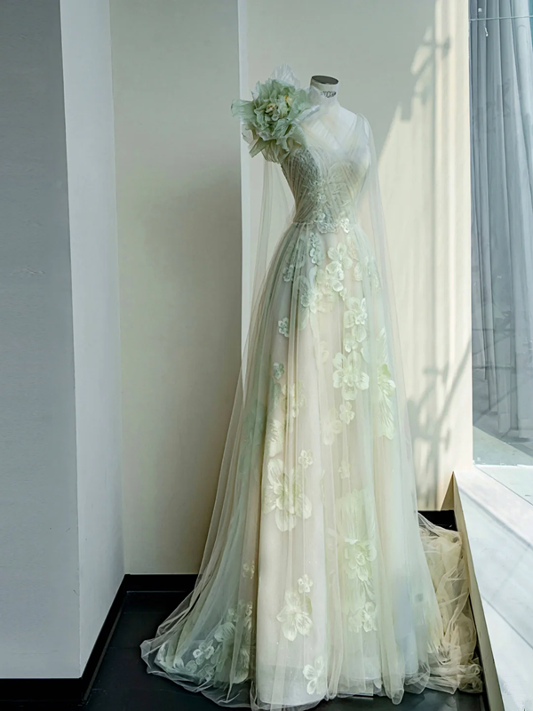 Light green one-shoulder three-dimensional flower waist slim long skirt, prom dress R5677