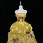Gold strapless, fitted waist, full skirt, long ball gown R9058