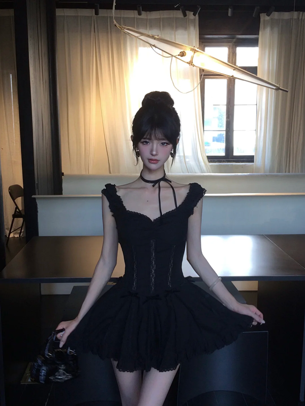 Black suspenders slim waist A-line cute short skirt homecoming dress R5061