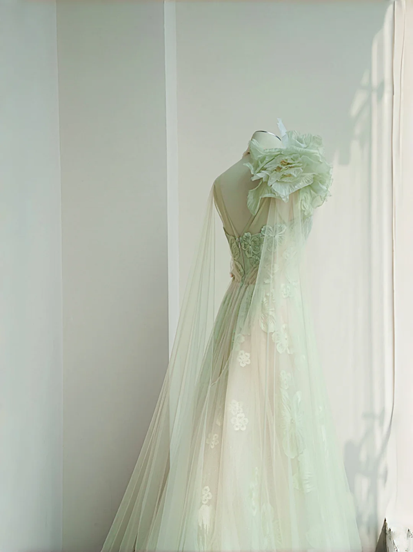 Light green one-shoulder three-dimensional flower waist slim long skirt, prom dress R5677