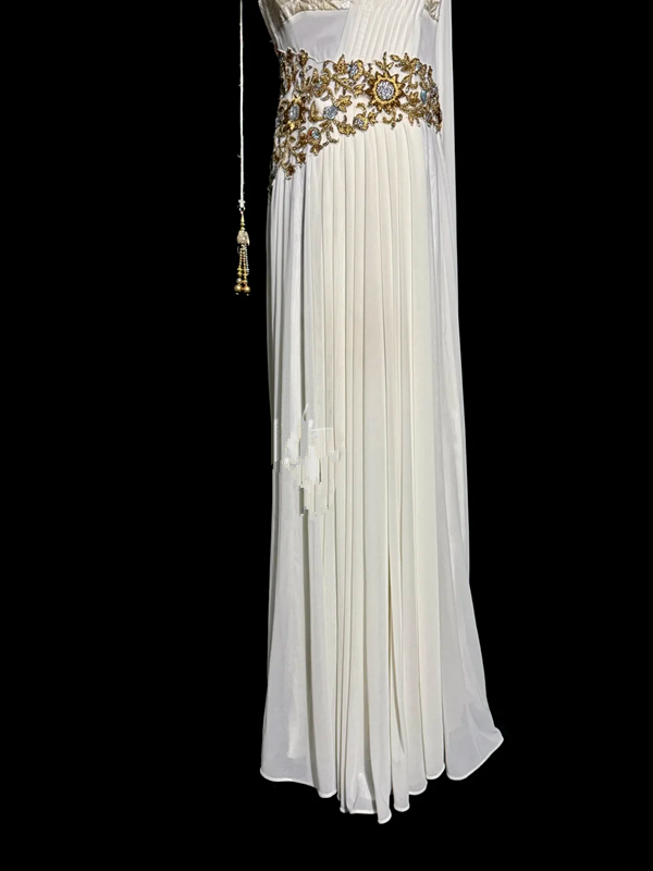 White sleeveless fitted waist embroidered long ball gown R6672