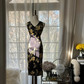 Black halter top with gold floral print, fitted waist, classic and elegant long ball gown R7707