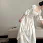 Pearl white square-neck waist-cinched slim-fit elegant vintage long prom gown, wedding dress R8017