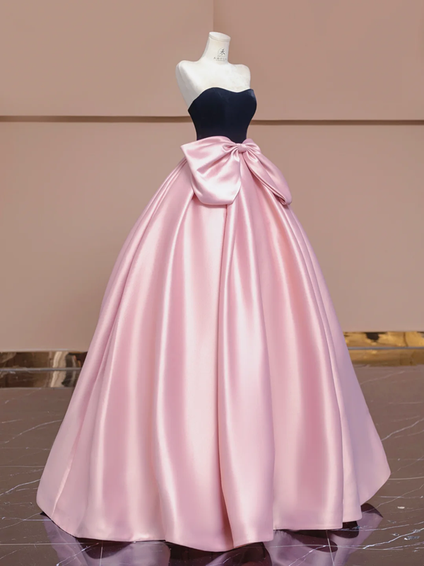 Black strapless bodice with a fitted waist and pink tulle skirt, a ball gown/bridal dress R8359
