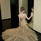 Gold halter-neck, fitted, bodycon, sexy fishtail skirt ball gown R8664